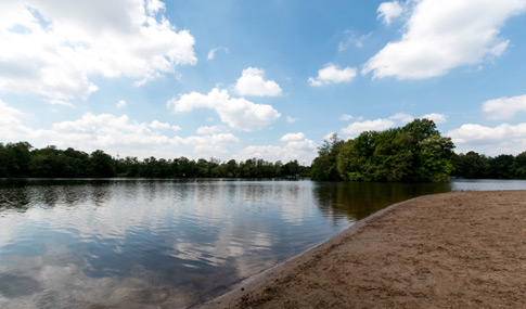 Ein sandiges Ufer schlängelt sich entlang des ruhigen Entenfangsees, im Hintergrund grüne Bäume und ein blauer Himmel mit vereinzelten Wolken, der vom nahe gelegenen Mobilheimplatz aus einen beschaulichen Blick bietet.